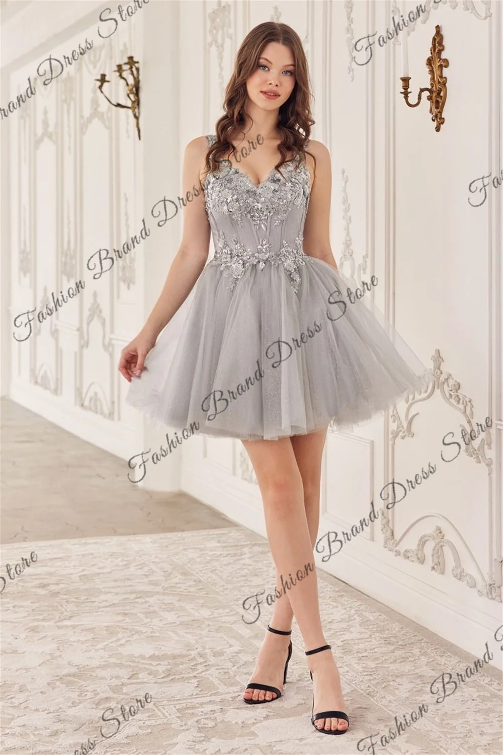 

Tulle Off-the-shoulder V-Neck Homecoming Dresses for Teens Sparkly Corset Lace Appliques Cocktail Party A-line Short Prom Gowns