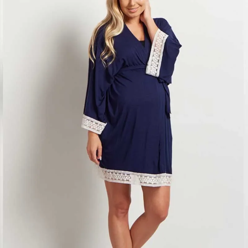 Casual Nursing Pajamas Solid Colors Dress Fashion Soft Sleepwear Maternity Wear Seven-Quarter Sleeve Frenulum Lace Pregnants