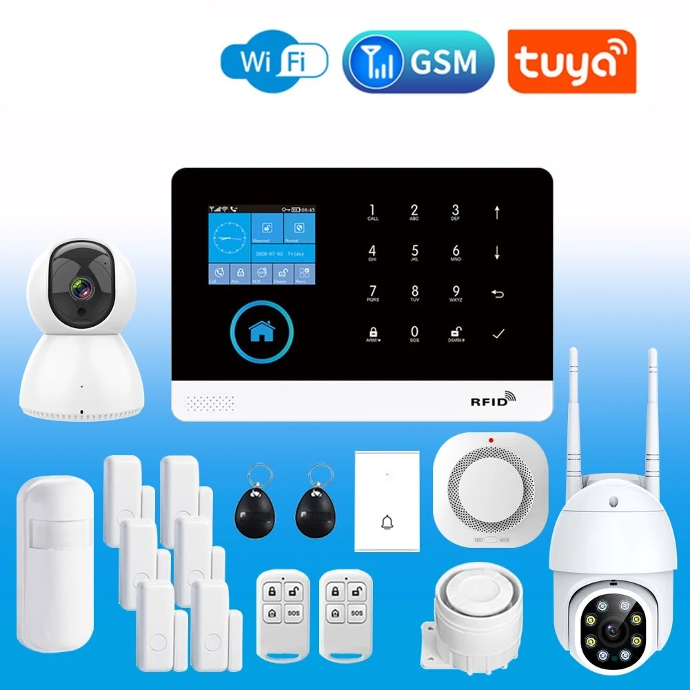 

Top PG103 WiFi Alarm System for Home Burglar Security Tuya Smart House App Control 433MHz GSM Wireless With Motion Sensor Camera