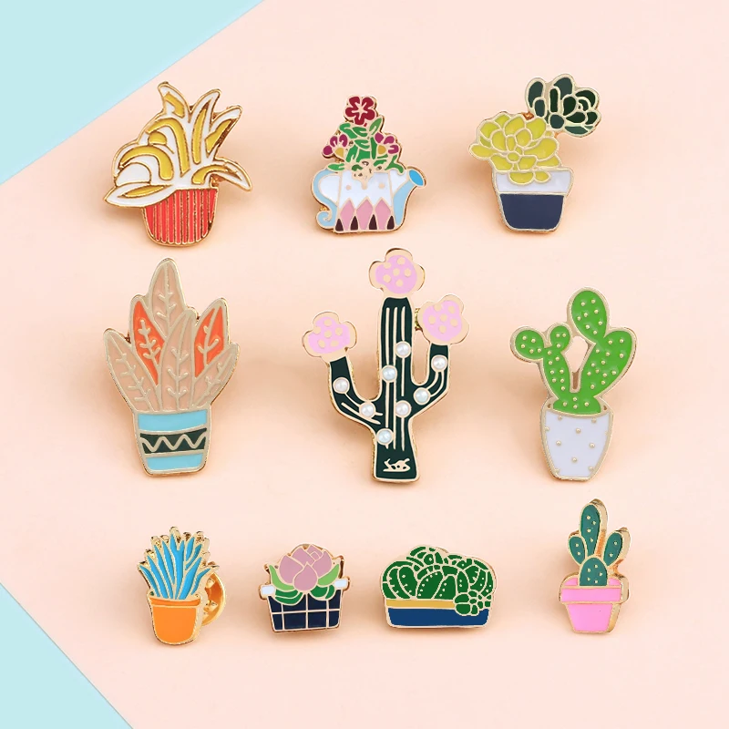 Green Fresh Brooches Cactus Potted Pins Enamel Badge Plants Metal Pin For Female Friends Shirt Lapel Pin High quality Jewelry