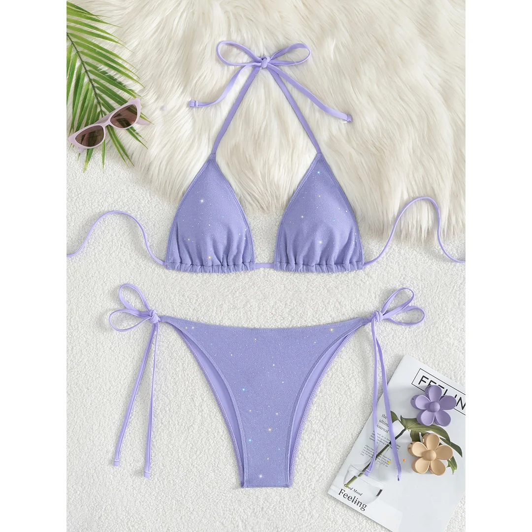 Glitzernder, funkelnder Neckholder-Bikini mit hohem Beinausschnitt, Damen-Badebekleidung, zweiteiliger Bikini-Set, Badeanzug, Badebekleidung, Schwimmbekleidung V5501R – Detail 36