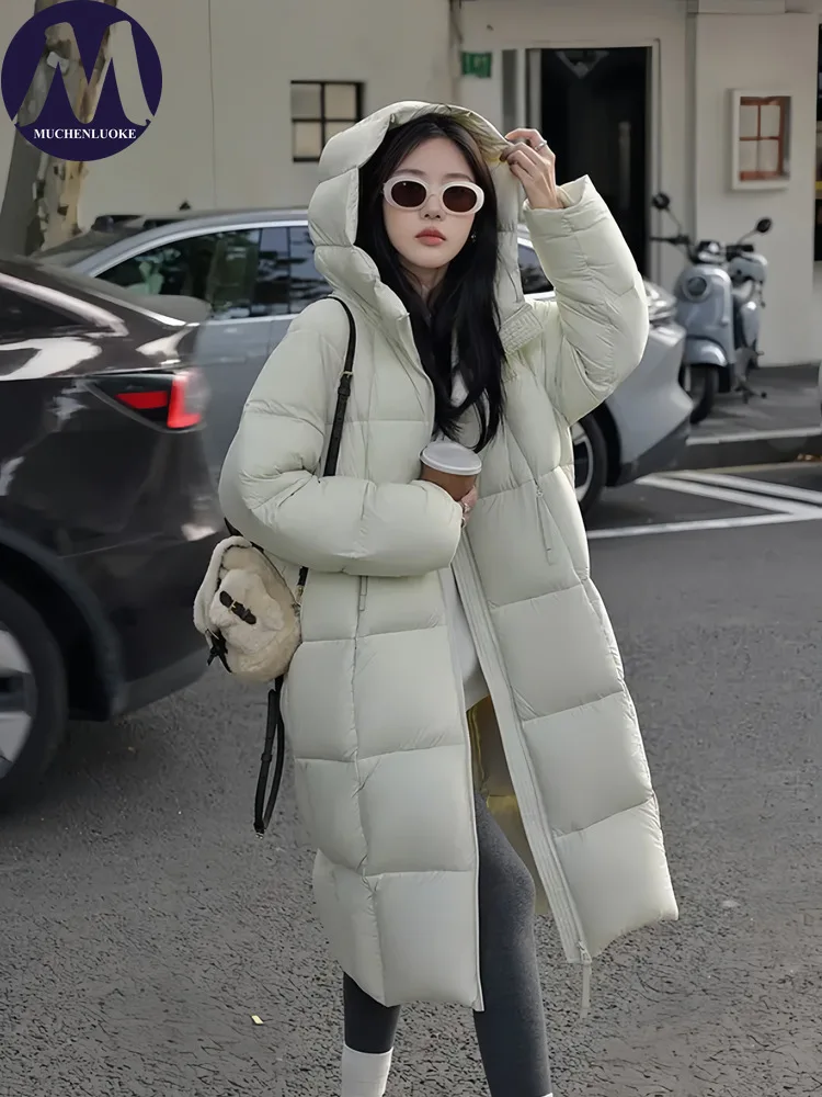 

Women's Winter Down Jacket 2025 New Elegant Long Sleeve Hood Down Cotton Long Coat Korean Fashion Casual Loose Thick Warm Parkas