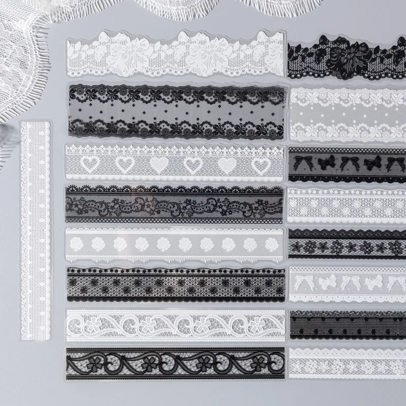 Lace Academy Series Sticker Classic Black and White Lace Patterns PET Stickers DIY Junk Journal Scrapbooking Decorative Material