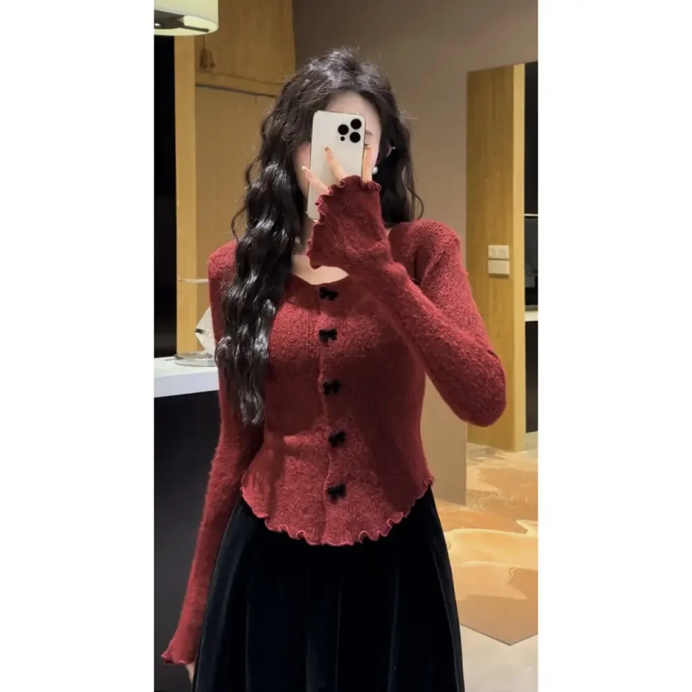 

Autumn and Winter New Arrival Bow Sweater Women's Elegant Elegant Slim-fit Short Sweater Top