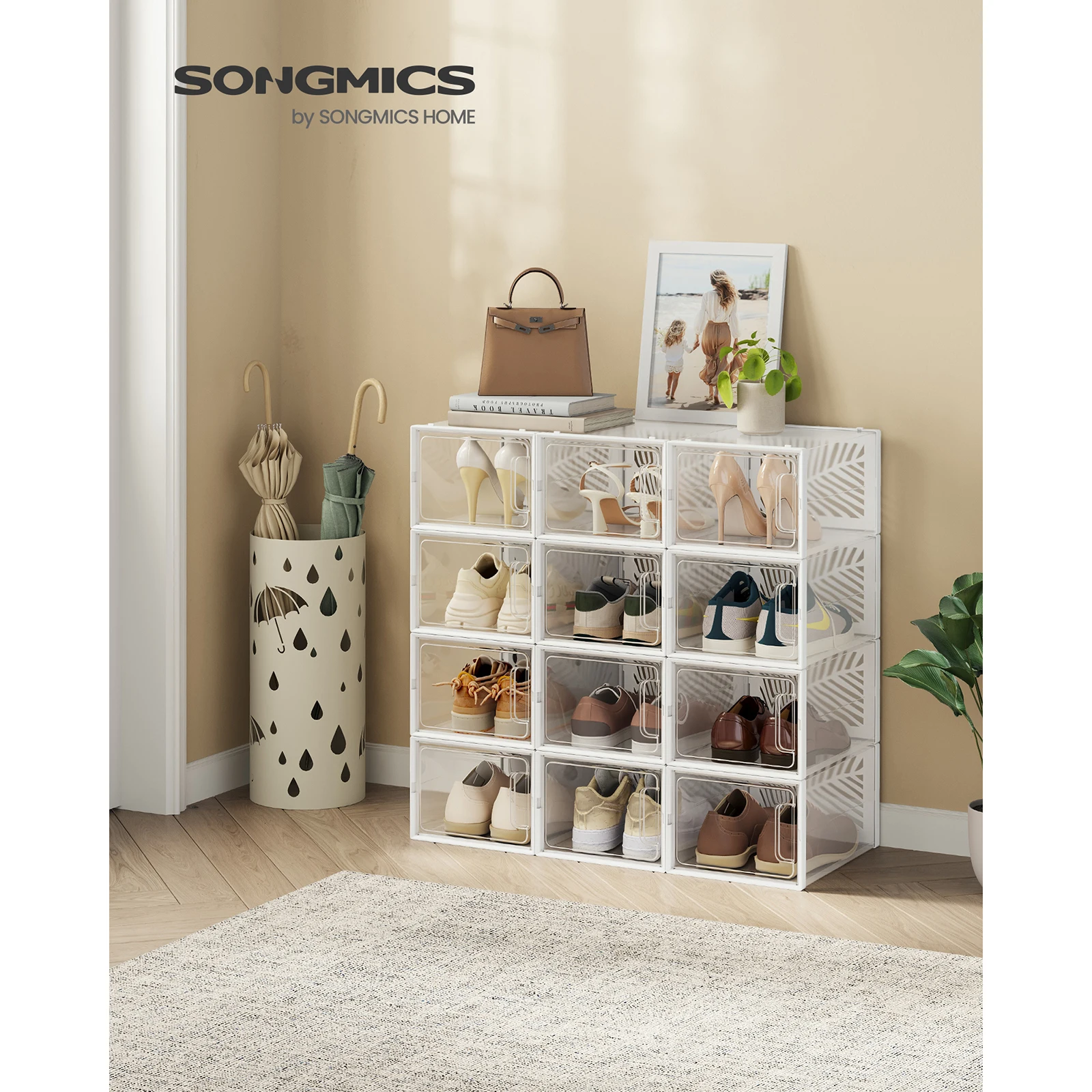 SONGMICS 12 Clear Shoe Boxes, Stackable, Breathable, Foldable, UK Size 11, Display Trainers/Heels, Transparent/White