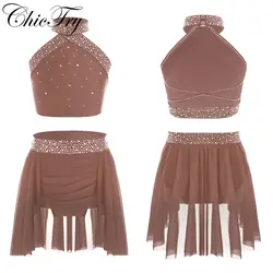 Kids Girls Lyrical Dance Set Modern Contemporary Costume Rhinestones Crop Top with Skirted Leotard Ice Skating Ballet Dancewear