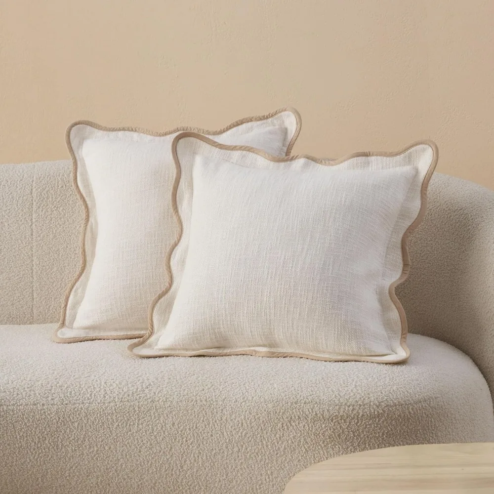 

Set of 2 Cotton Scalloped Boho Pillow Covers, 20x20 Inches, Decorative Square Throw Pillows, Handmade in India