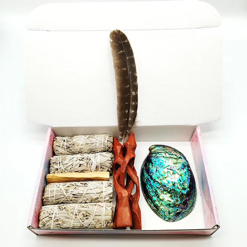 

Home Cleansing & Smudging Kit with White Sage, Cedar, Rose Sage, Blue Sage, Palo Santo, Abalone & Stand, Smudge Feather Yoga Set