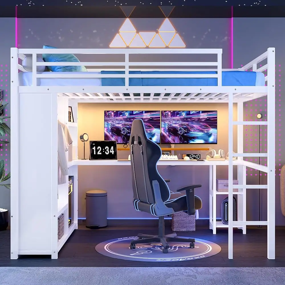 Cama alta queen size com guarda-roupa embutido, estrutura de cama loft de  metal resistente com mesa e prateleiras de armazenamento para crianças,  adolescentes, adultos / Móveis para casa, image size:1000x1000