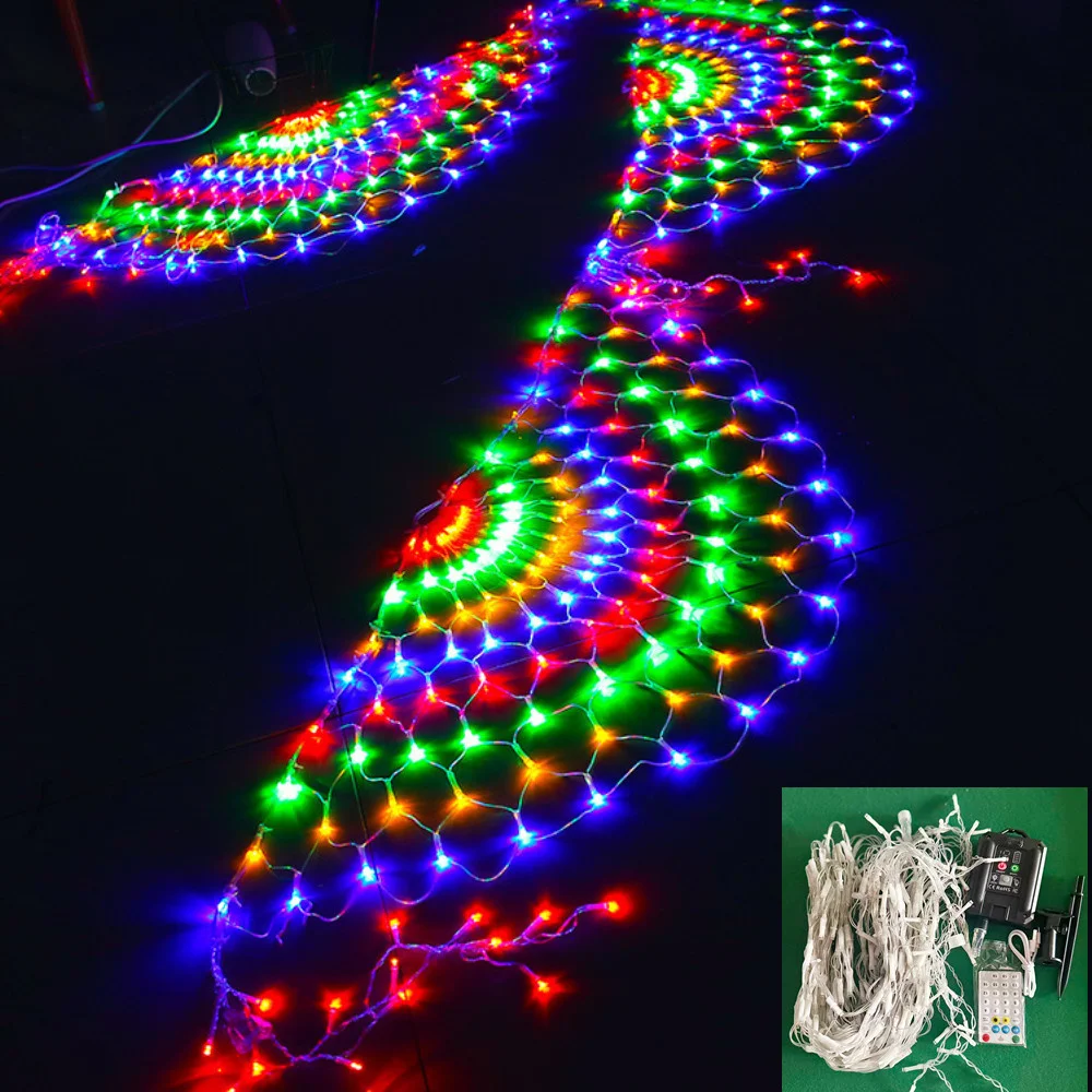 Solar Outdoor Led Mesh Fairy Light 3*0.5M Peacock Net String Light Recharge with Remote Christmas Hanging Garland Light