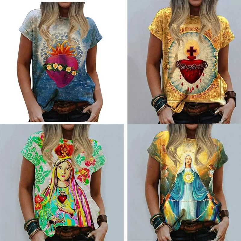 Virgin Mary O Neck Ladies Summer Casual Harajuku Oversized T Shirt Crew Streetwear Jesus Religious 3D Print Tops Tees