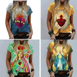 Camiseta de la Virgen María con cuello redondo para mujer, ropa de calle Harajuku informal de gran tamaño, camisetas con estampado 3D religioso de Jesús