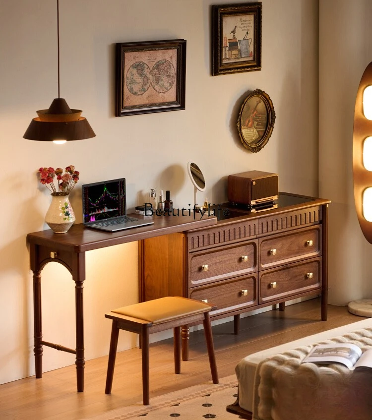 

North American black walnut dresser chest integrated French retro retractable makeup table