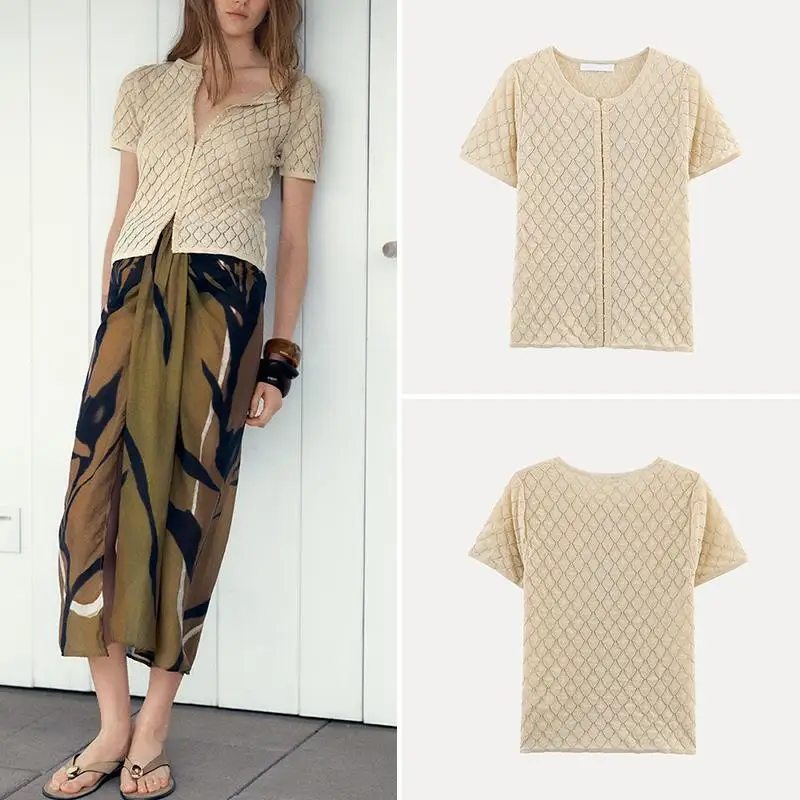 

Spring 2025 Simple round Ne ort Sve Knitted Jaet Street Sle Polyester Fiber Pure Color Regular Length Outerwear