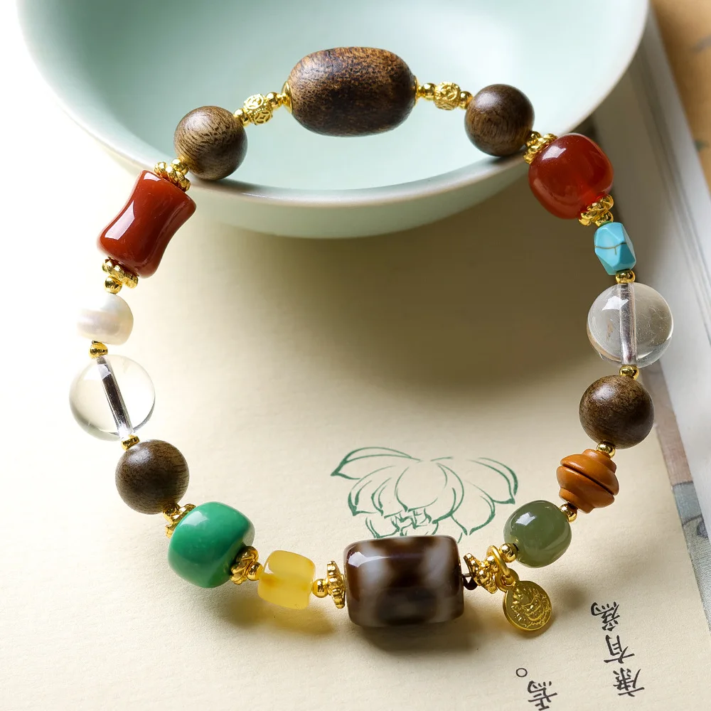 Black Gold Three Eyed Dzi Bead Yellow Agarwood Natural Clear Crystal Multi Treasure Bracelet for Women Gifts