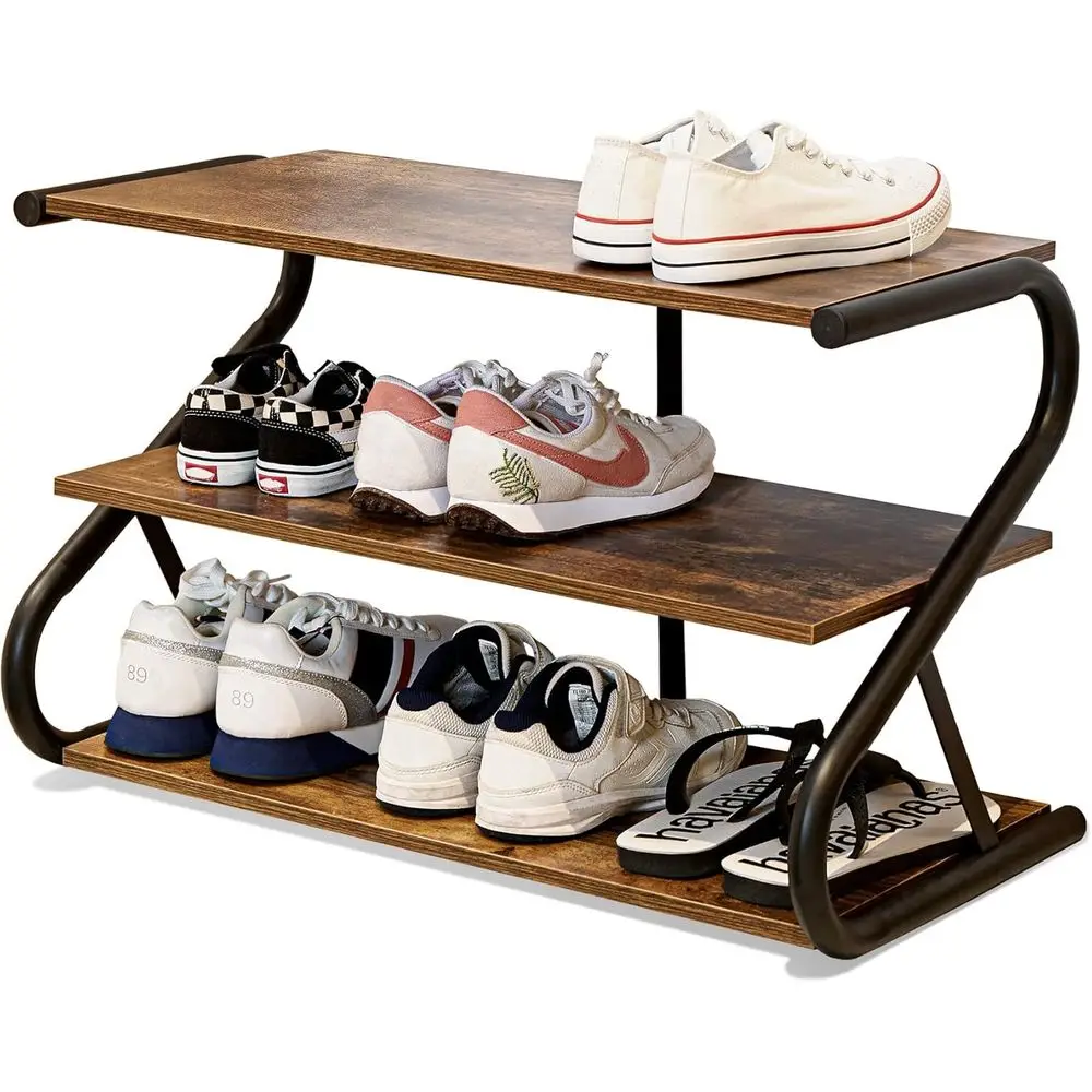 

3-Tier Shoe Rack, Wooden Shoe Storage with S Shape Heavy Duty Metal ree Standing, Shoe Organizer Shel or Entryway, Living Room,
