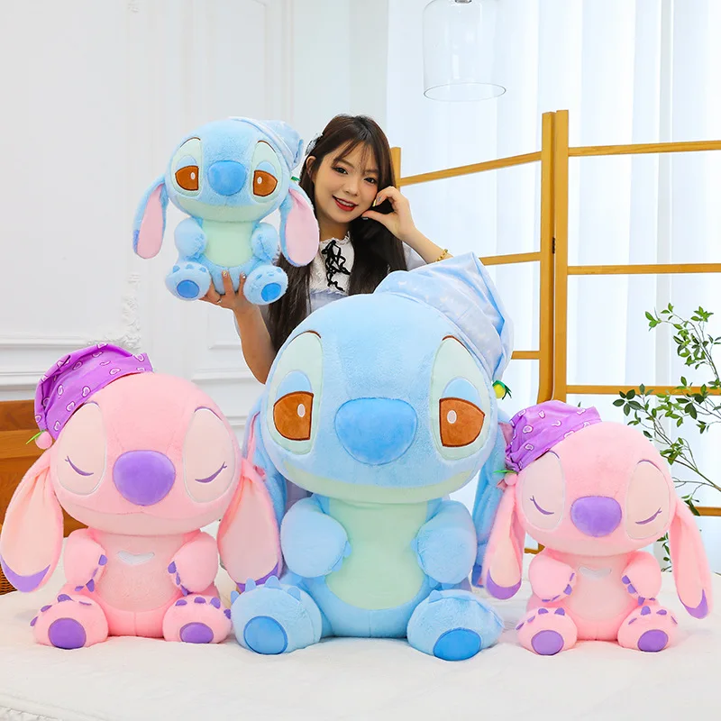 Stitch New 40/80cm Plush Doll Toy Disney High Value Couple Sweet Sleep Hooded Doll Living Room Ornaments Valentine'S Day Gift