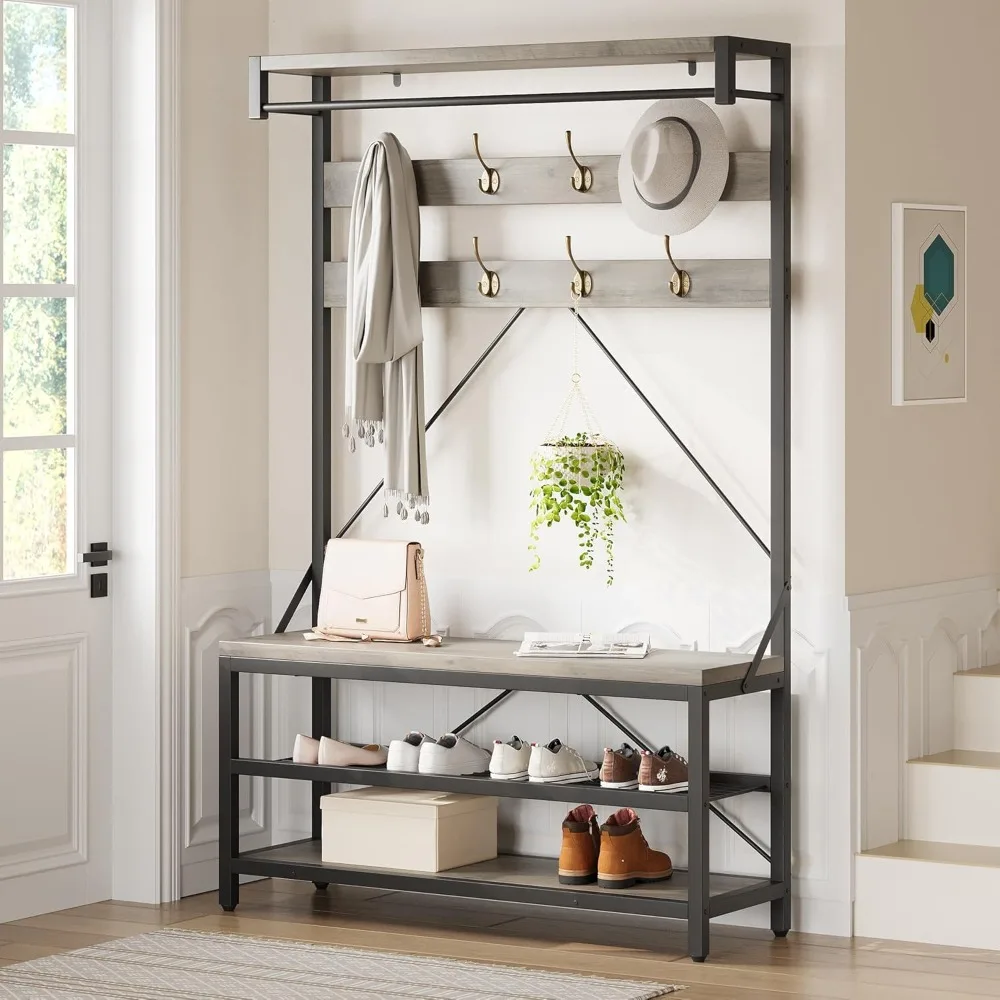 

Coat Racks, Shoe Bench Hall Tree Storage Bench for Entryway Wood Look Accent Large Shoe Rack with Storage Shelf Hanging Bar