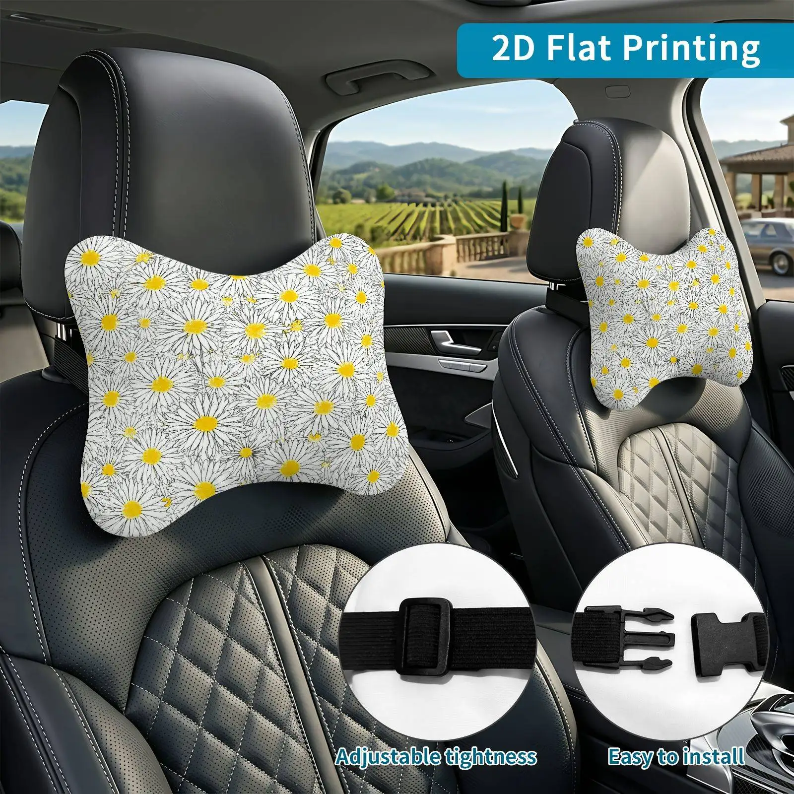 2pcs Floral Daisy Pattern Car Seat Headrest, Neck Support Cushion, Suitable For All Seasons Of Car Accessories, Daisy Theme, Tra
