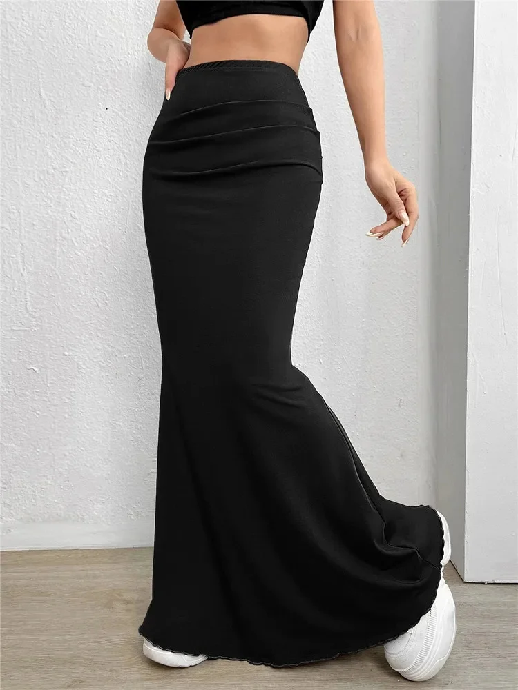 Solide Bodycon Geraffte Lange Rock Frauen Sexy Schwarz Elastische Elegante Hohe Taille Meerjungfrau Maxi Röcke Sommer Streetwear