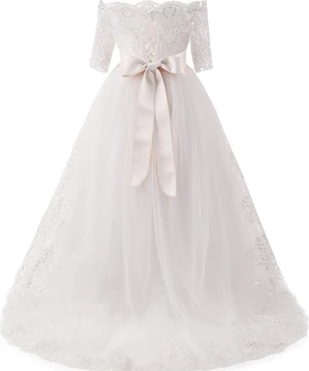 Elegant Flower Girl Wedding Dress Appliques Lace Off Shoulder Half Sleeves Bow Belt Kids Birthday Party First Communion Gown