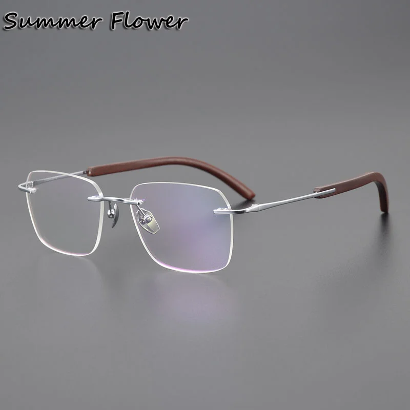 Titanium Red Samdalwood Men Rimless Eyewear Frame High End Glasses Gentlemen Top Quality Optical Prescription Spectacles