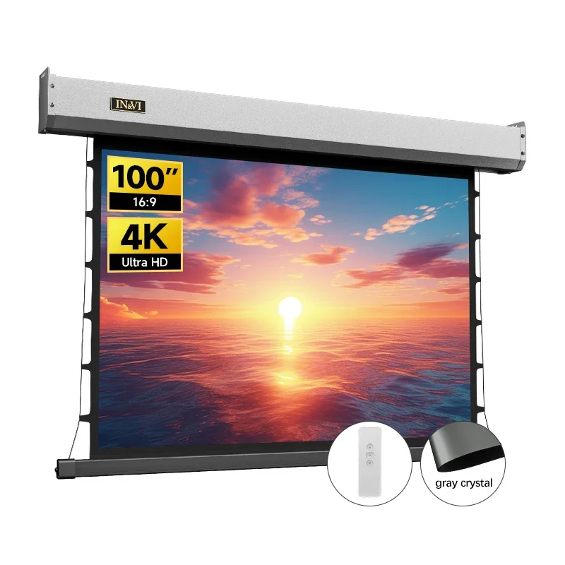 Indoor Decor 100 Inch Motorized Projector Screen with Tab Tension 4:3 4K ALR Retractable Projection Screens