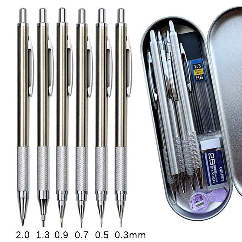 Metal Mechanical Pencil Set with Pen Box Lead Eraser Pencil Sharpener Set 0.3 0.5 0.7 0.9 1.3 2.0mm Art Sketch Automatic Pencil