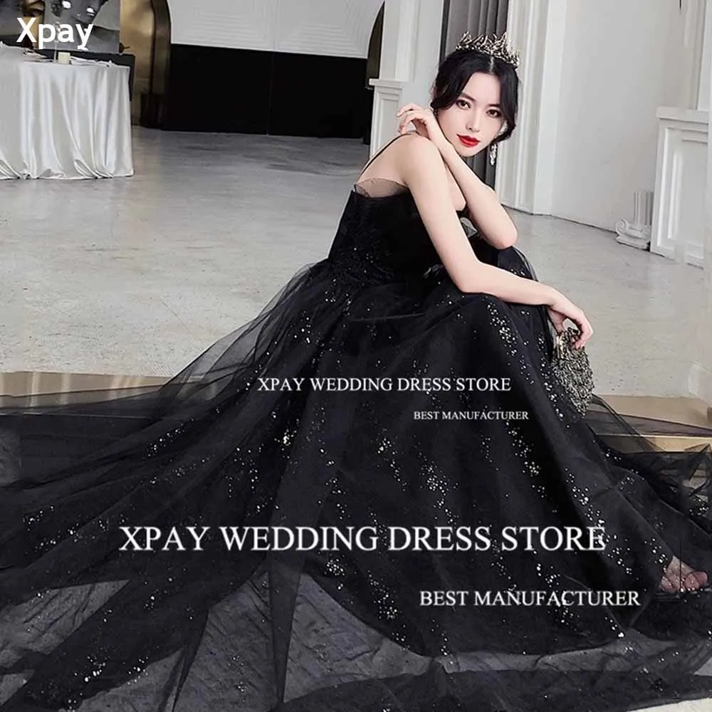 

XPAY Elegant Black Korea A Line Evening Dresses Spaghetti Strap Sparkly Lace Wedding Photos Shoot Shiny Birthday Party Gown