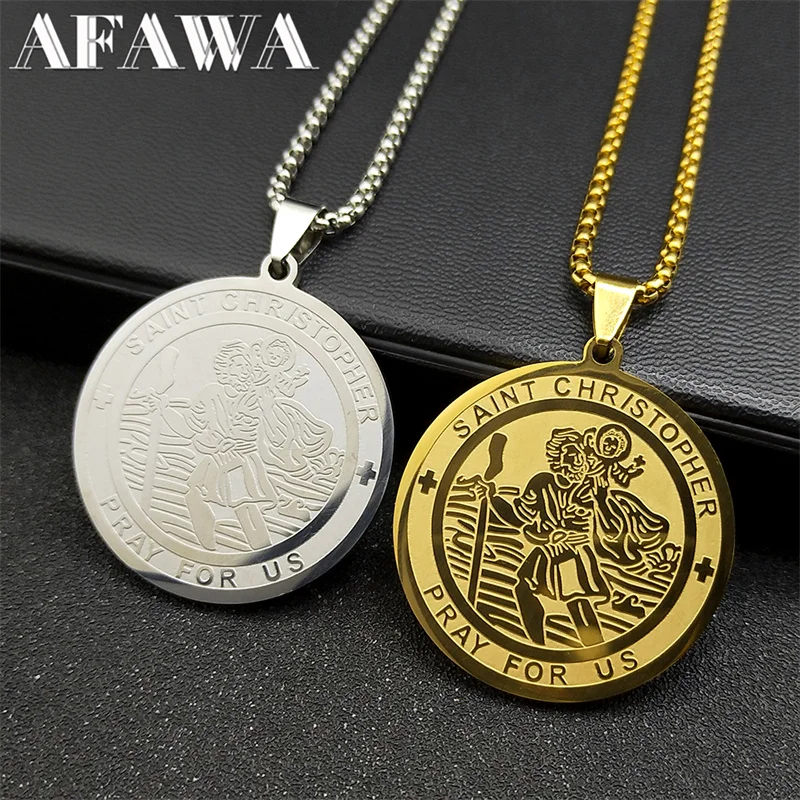 Saint Christopher Pray Us Pendant Necklace for Women Men Stainless Steel Gold Color Religious Amulet Chain Jewelry NZZZ776S02