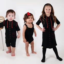 Family Matching Outfits Sets Ribbed Cotton Baby Romber Top Girl Vestidos Dress Boy t-shirt Hooded Family Matching Clothes Black