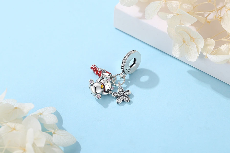 925 Sterling Silber Glücksbringer Katze Chinesisches Neujahr Anhänger Perlen Japanisches Mädchen-Design Passend für Marken-Armbänder Halsketten Damenschmuck – Detail 5