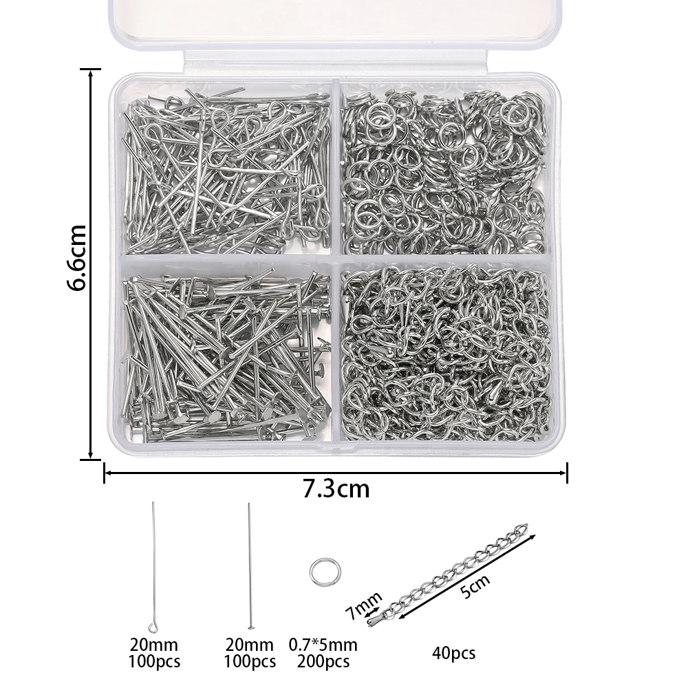 440pcs/Box 9 Pins Flat Head Pin Open Jump Rings Extension Chain Water Drop End for DIY Earrings Necklace Jewelry Making Supplies