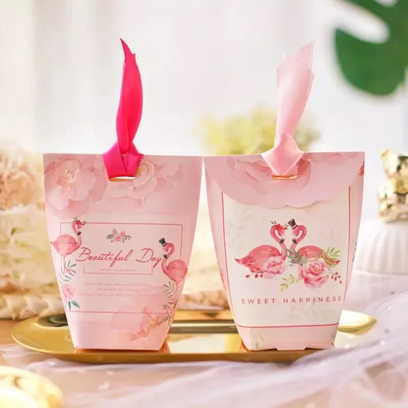 50pcs Pink Flamingo Wedding Favors Candy Boxes  ''Beautiful Day''  Sweet Gift Box gift bag Sachet Party Chocolate Box