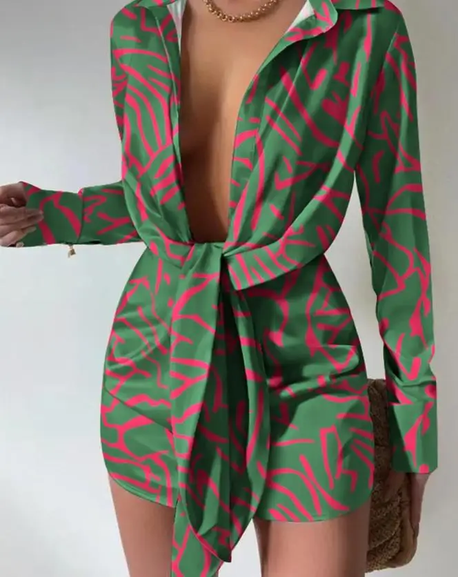 Abito camicia da donna a maniche lunghe con dettagli in pizzo stampato astratto, alla moda e casual, nuova collezione primavera/estate 2025