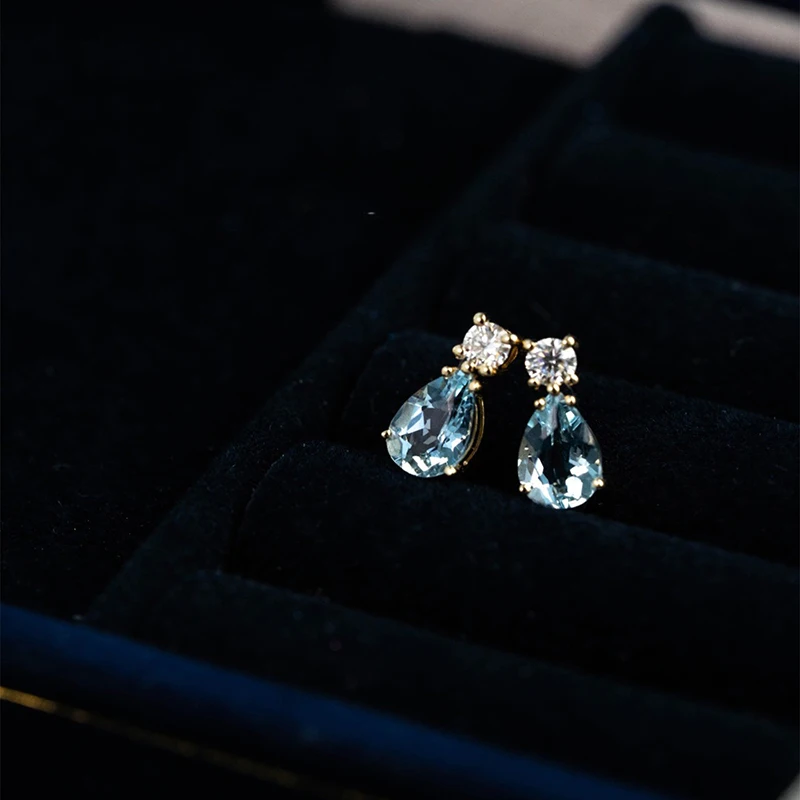 S925 Sterling Silber Wassertropfen meerblaue synthetische Zirkon Ohrringe leichte Luxus Mode Ohrringe – Detail 3