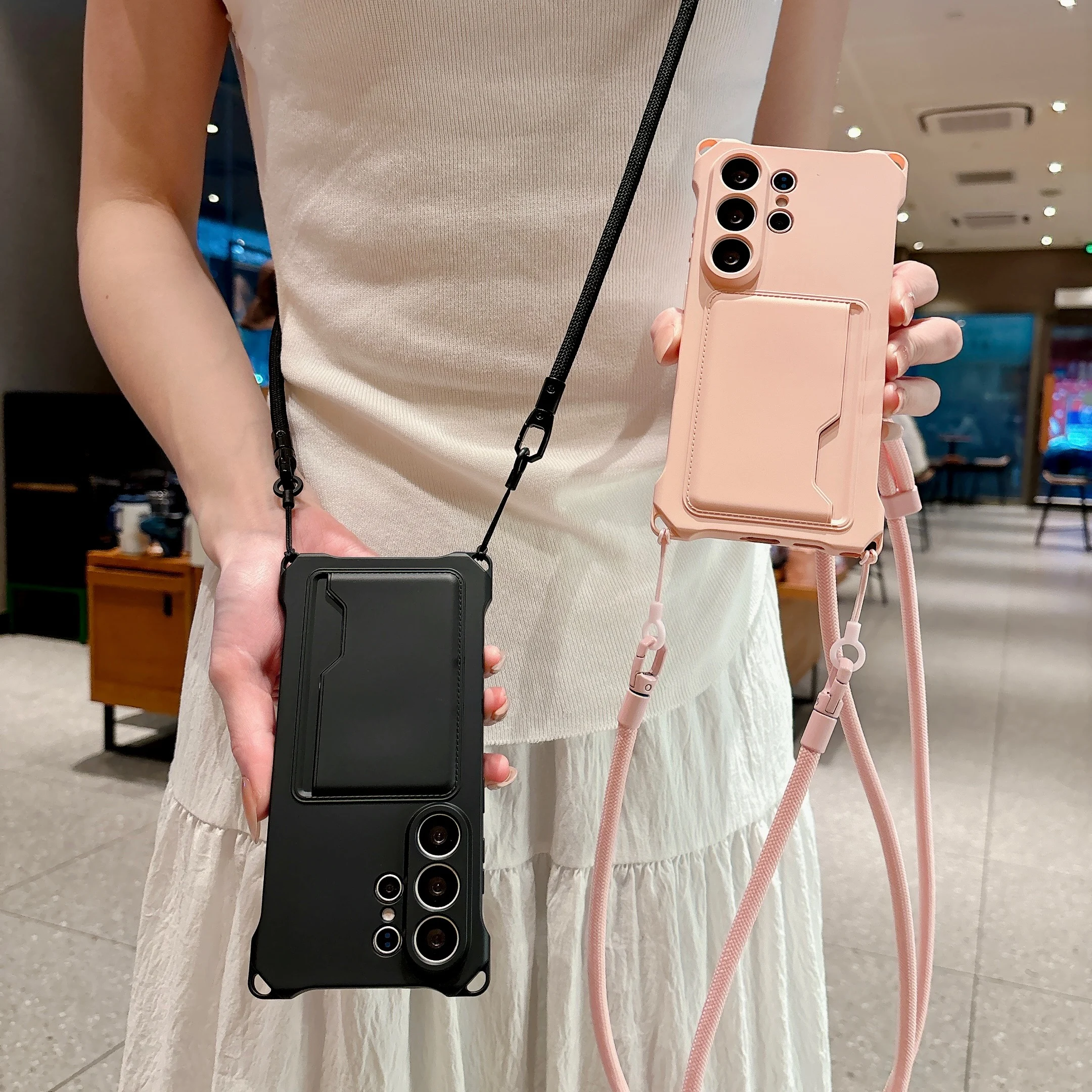 Liquid Silicone Card Slot Phone Case For Samsung Galaxy S26 S25 S24 S23 S22 S21 Ultra Plus FE Crossbody Lanyard Shockproof Cover