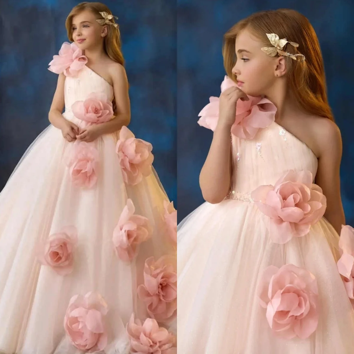 Vestido de noche de tul rosa moderno personalizado, vestido de fiesta Formal sin tirantes con un hombro, tren capilla, flores, vestidos para ocasiones a medida