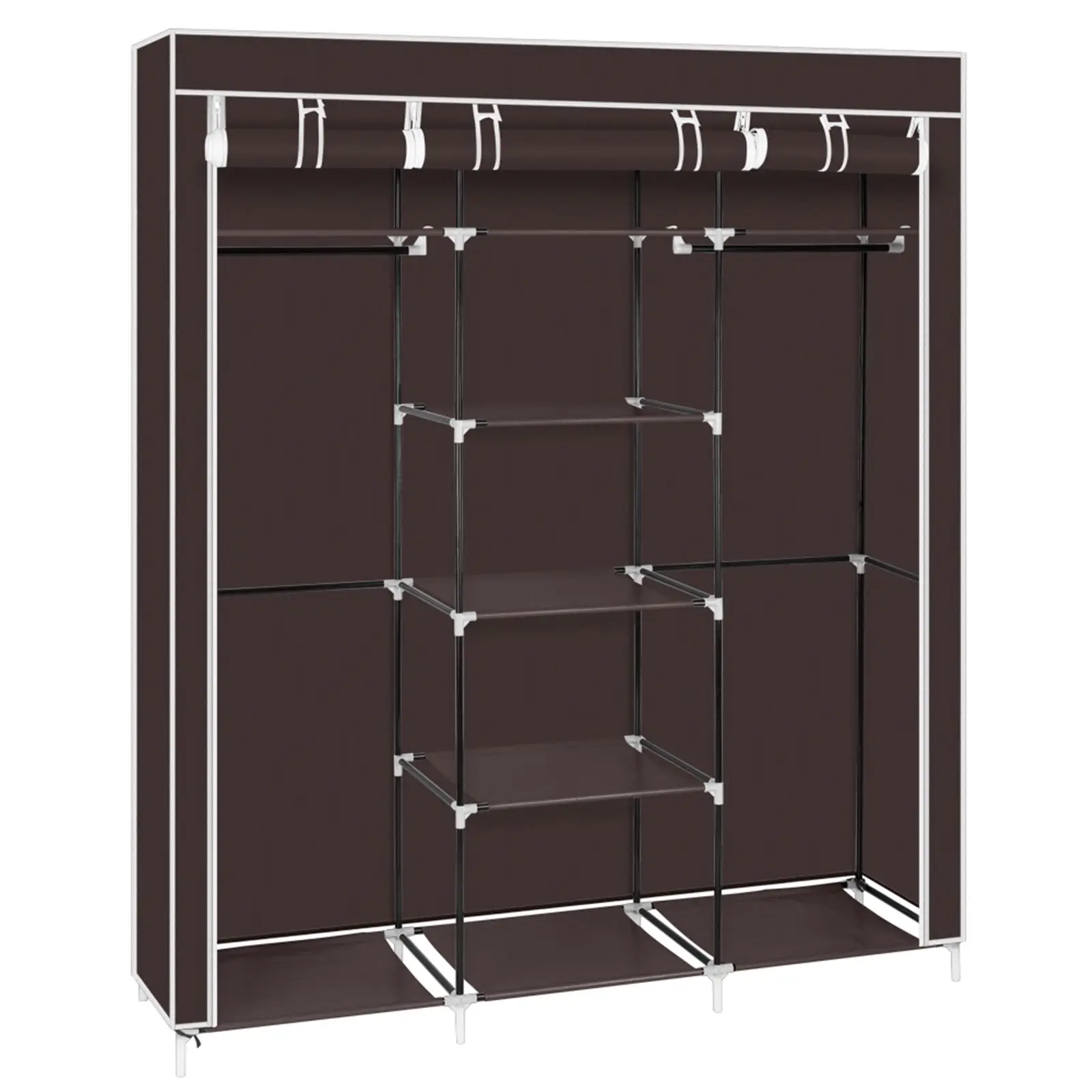 

69" Portable Clothes Closet Non-Woven Fabric Wardrobe Double Rod Storage Organizer Dark Brown RT,Bedroom Wardrobes