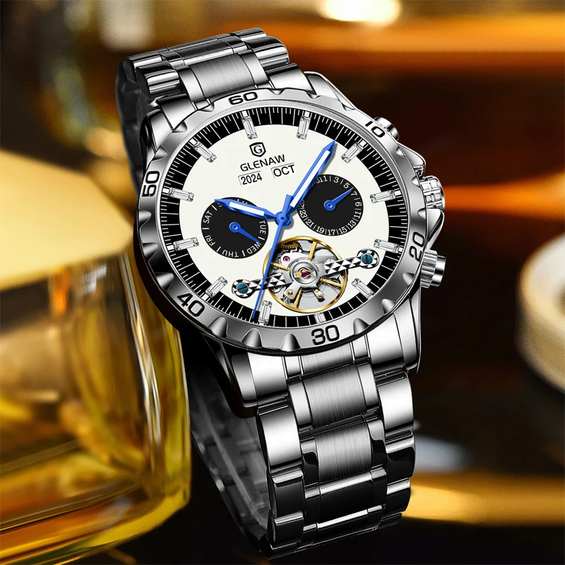 GLENAW Watches Year Month Week Multifunction WristWatch Men Automatic Mechanical Watch Stainless Steel Watchband Montre Homme