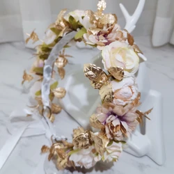 6pcs Gold Leaf Flower Crown For Girl Dress Hair Accessories Wedding Bridal Headband Headdress Ornament Children Floral Garland