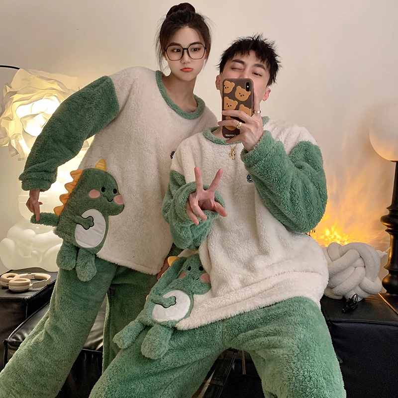 

Pajamas Sets For Women Men Couples Sleepwear Coral Velvet Winter Pajama Sets Kawaii Dinosaur Loungewear Soft Warm Lovers