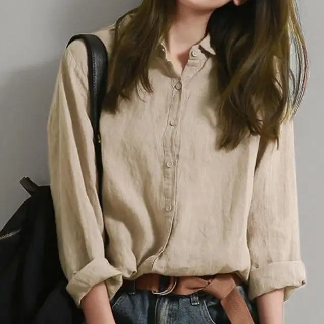 Damska bawełniana lniana oddychająca długa koszula wygodna luźny krój kolor casual odzież biznesowa sezon wiosenny