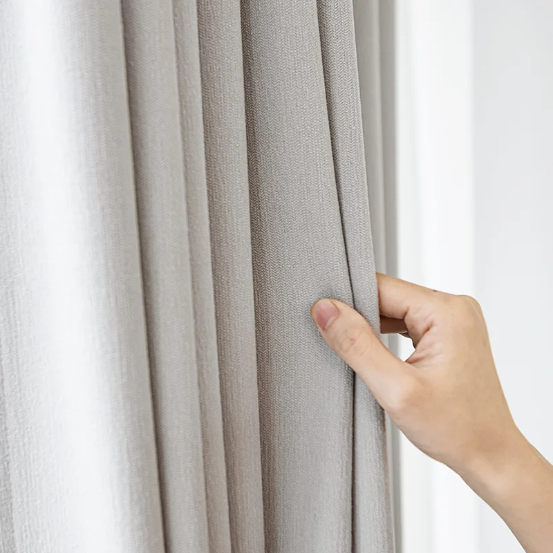 Fine velvet chenille curtain fabric Japanese cream wind blackout soundproof curtain living room finished curtain yy