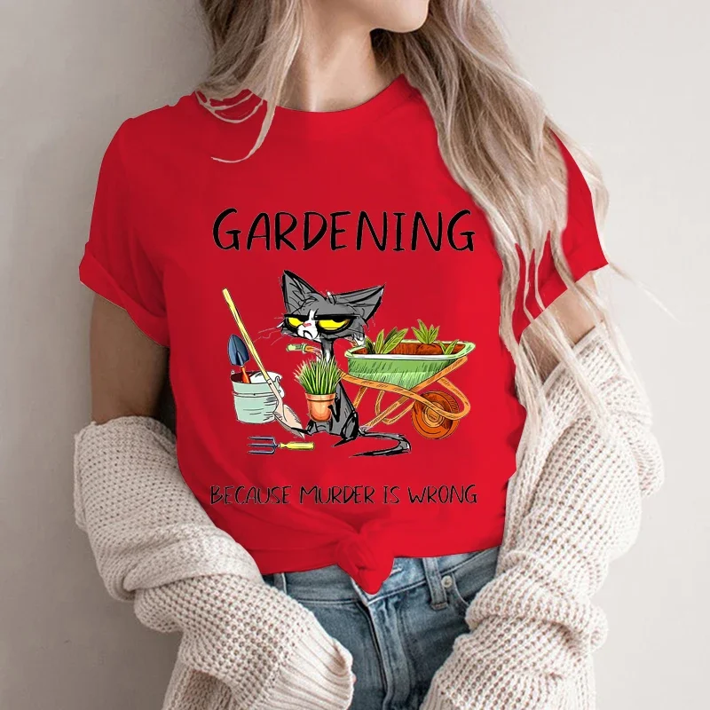 Women's T-shirts Gardening Because Murder Is Wrong Shirt Black Cat Tshirts Funny Cat Tees Gardening Lover Shirts Sarcastic Tees