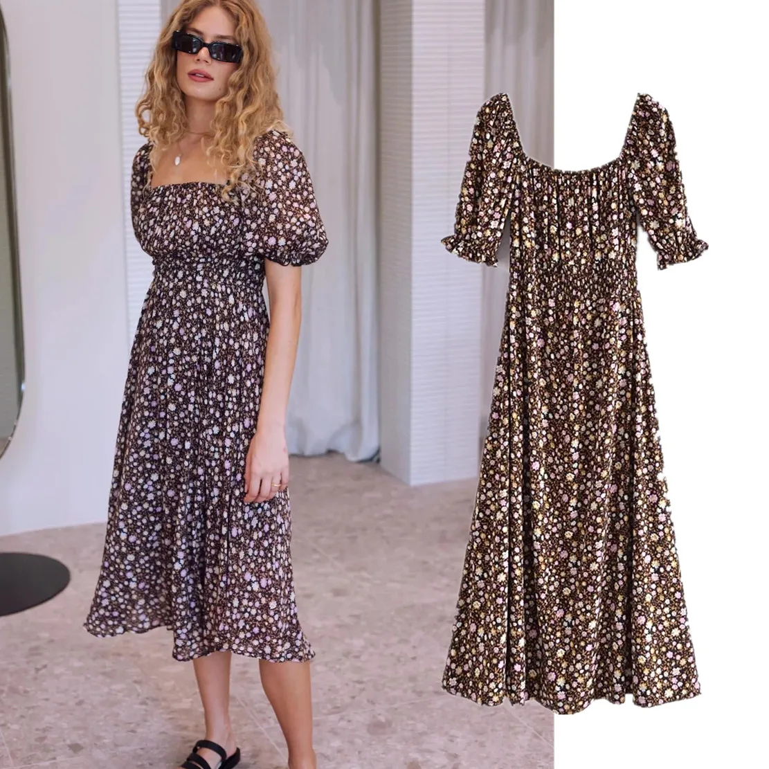 

Jenny&Dave Cotton Floral Casual Dress Women Indie Folk Print Slash Neck Sexy Midi Dress