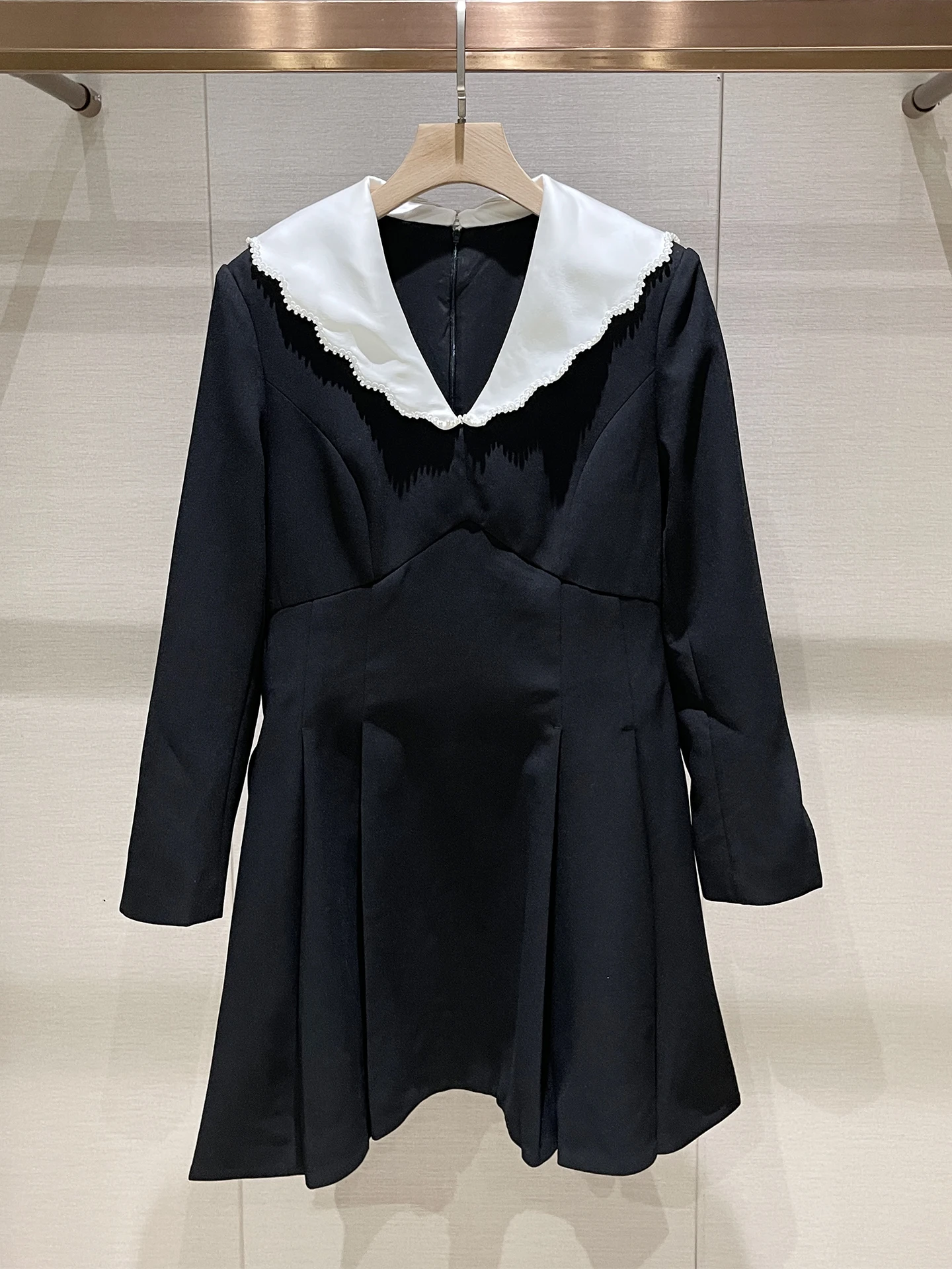 

Cool Ele Sle Long Sve Doll Collar Beaded Casual Bla A-Line Dr Women's Faion High Waist Zipper Ba Skirt