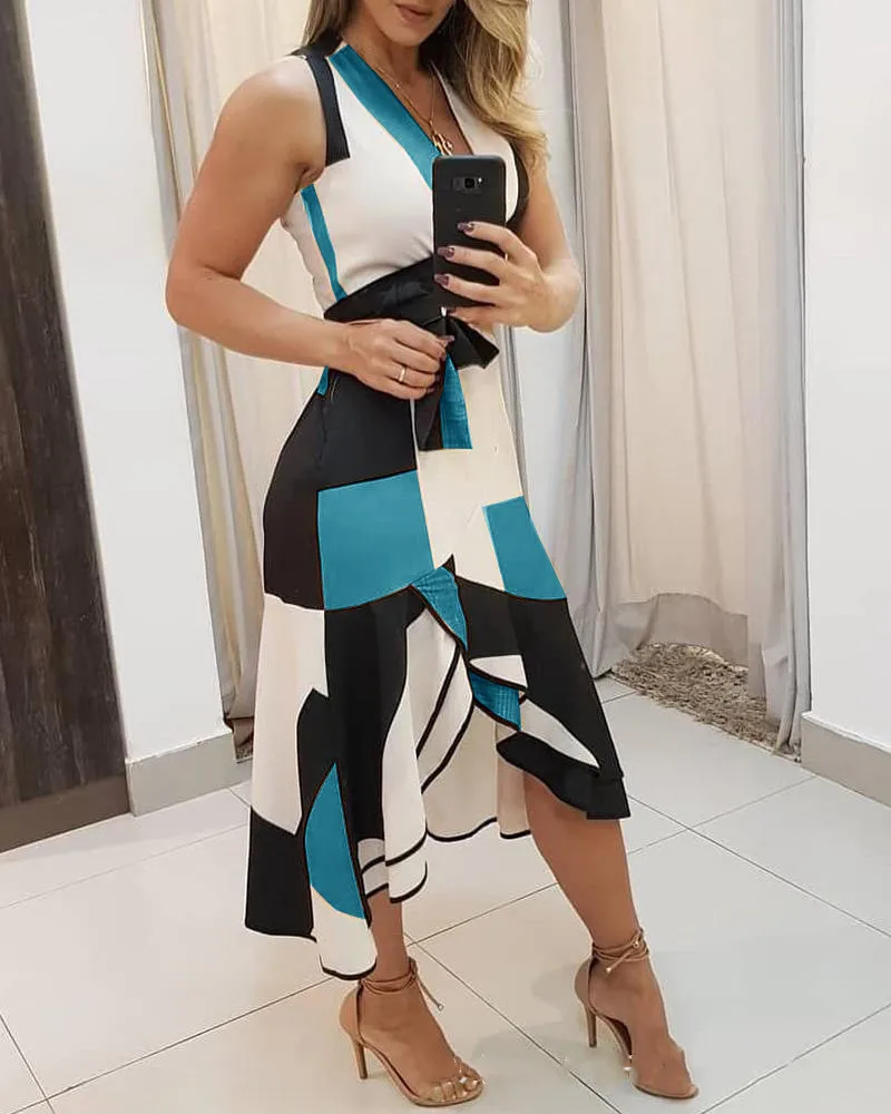 

women's sleeveless midi dress sexy summer v neck 2024 fashion geometry print lrregular ruffle hem office ladies dresses