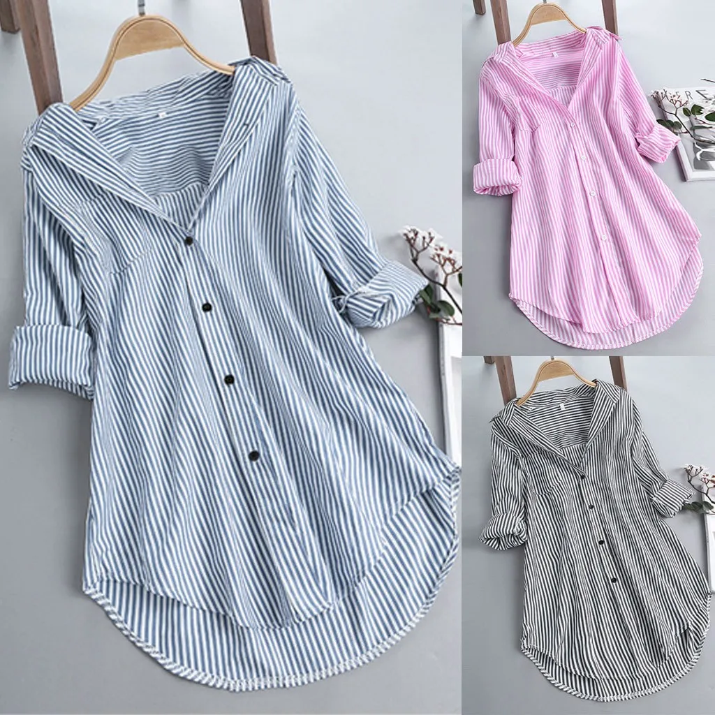 Classic Basic Striped Shirt Ladies Shirt Spring Summer Casual Versatile Long Sleeve Shirt Fashion Lapel Large Size Loose Shirt