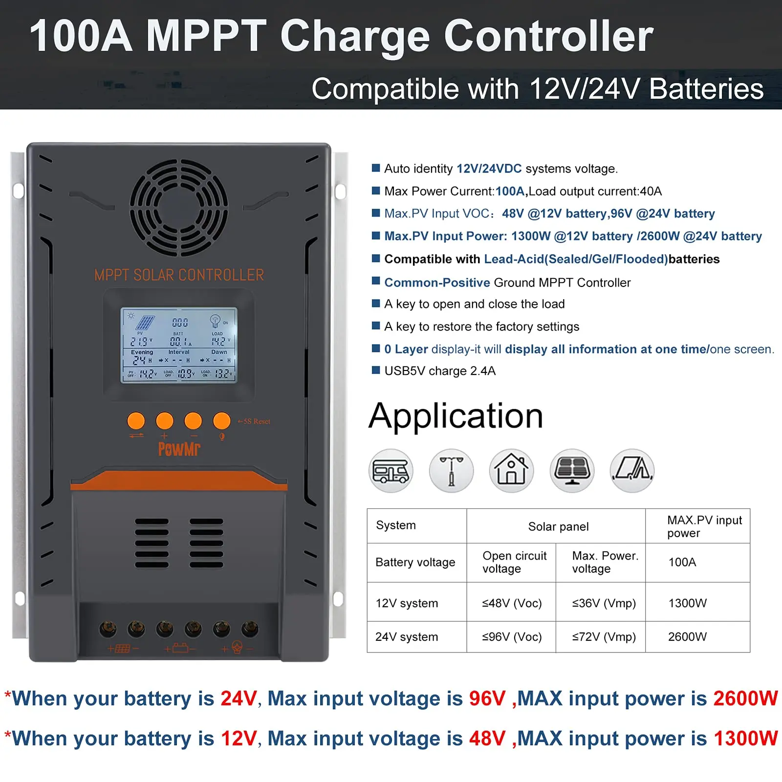 Choice 12V 24V Auto MPPT 100A Solar Charger Controller Battery Charge Max 96VDC Solar Panel Input With Backlight LCD Controller